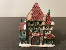 1994 Cheryl Ann Christmas Village Tree Shop Gray Stone and Red Roof Snowy Detail