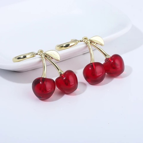 Red Cherry-Shaped Drop 3D Fruit Earrings Trendy Statement Earrings Women Jewelry - Picture 3 of 4
