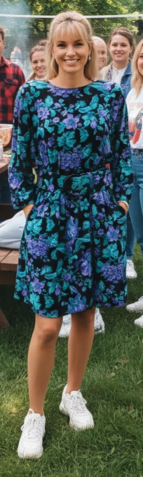 Vintage “All That Jazz” Floral Rayon Dress Sz 5/6 – Made in USA – 80s/90s Belted - Image 2 of 4