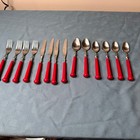 VTG 1970s Oxford Hall 14 Pc Stainless Flatware Knives Forks Spoons Red Handle