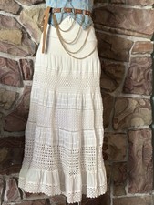 Vintage Crochet Tiered Maxi Skirt S White Cotton Boho Cottagecore Stretch