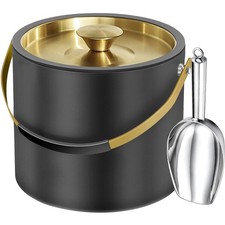 3.2L/3.4QT Modern Insulated Ice Bucket w/ Lid, Scoop, Strainer, Double Wall SS