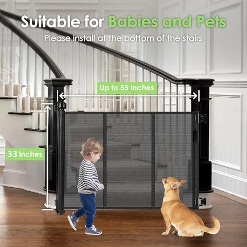 BINGGUZ REINFORCED RETRACTABLE BABY GATE FOR STAIRS WITH SUPPORT RODS - BLACK