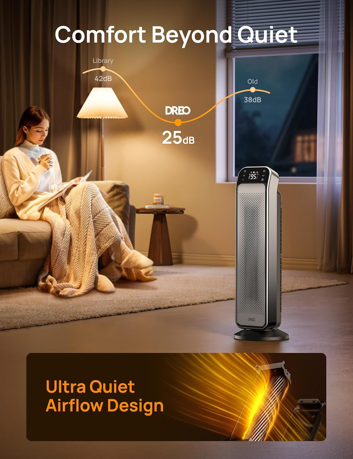 Dreo Portable Space Heater 25 Tower Heater with Remote and Thermostat 3 Modes