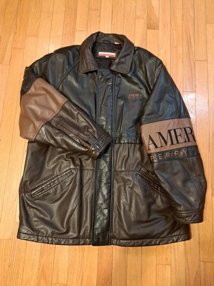 VTG Perry Ellis America Leather Jacket Brown Colorblock Bomber Embroidered XXL