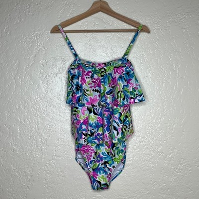 Caribbean Joe One Piece Swimsuit Modest Ruffle Floral Tropical Women XL