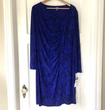 CHAPS long Sleeve Asymmetrical Vneck Ruched Stretch Dress XL Blue Geometric NWT