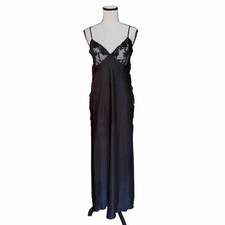 Vintage Y2K Black Lace Side Tie Satin Slip Nightgown Maxi Gown Adjustable S M