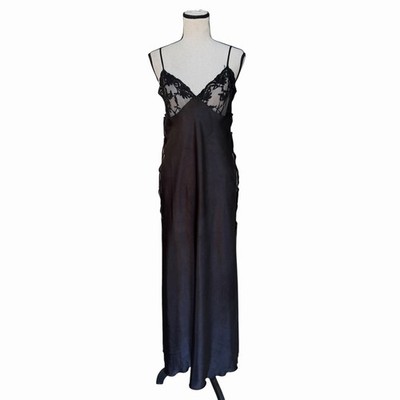 Vintage Y2K Black Lace Side Tie Satin Slip Nightgown Maxi Gown Adjustable S M
