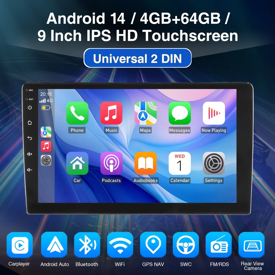 9" Android 14 Carplay Car Stereo GPS FM 2DIN Bluetooth MIC&AHD WIFI BT SWC 4+64G - Image 2 of 4
