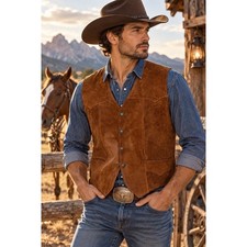 Vintage Pioneer Wear Suede Leather Western Cowboy Vest Brown Men's Size 44