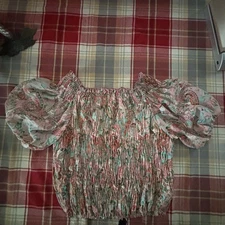 Cienna Silk Blend Paisley Smocked Off-Shoulder Crop Top Shirt Women’s S/M Boho