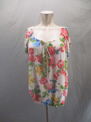 Lavish Size L Womens Floral Drawstring Square Neck Short Sleeve Flowy Blouse 077