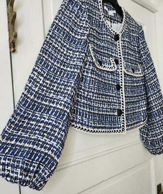 美品♡bluelea ♡Double Button Tweed Jacket Mens Blue Plaid Tweed Wool 2 Buttons Single Breasted Suit Jacket