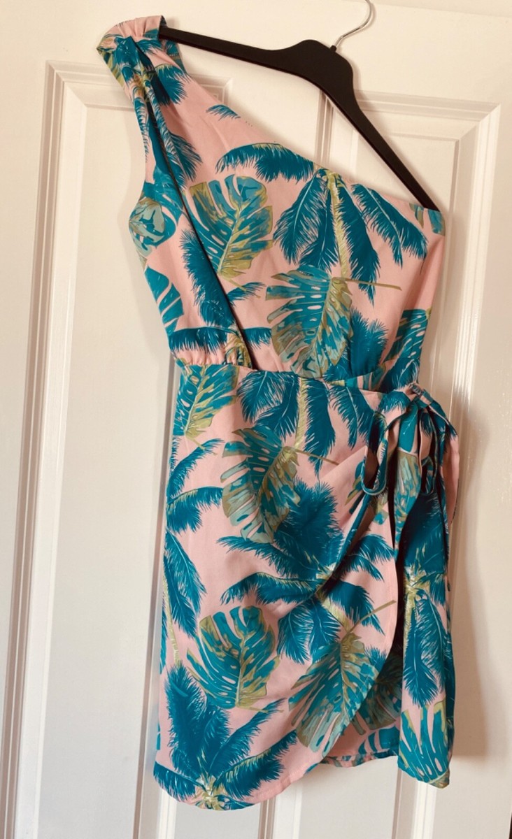 Green Pink Tropical One-Shoulder Wrap Skirt Mini Dress from Cup - Main Image