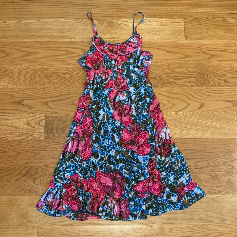 Zunie Pink & Blue Floral Spaghetti Strap Tank Top Ruffle Dress Girls Size 16 y2k