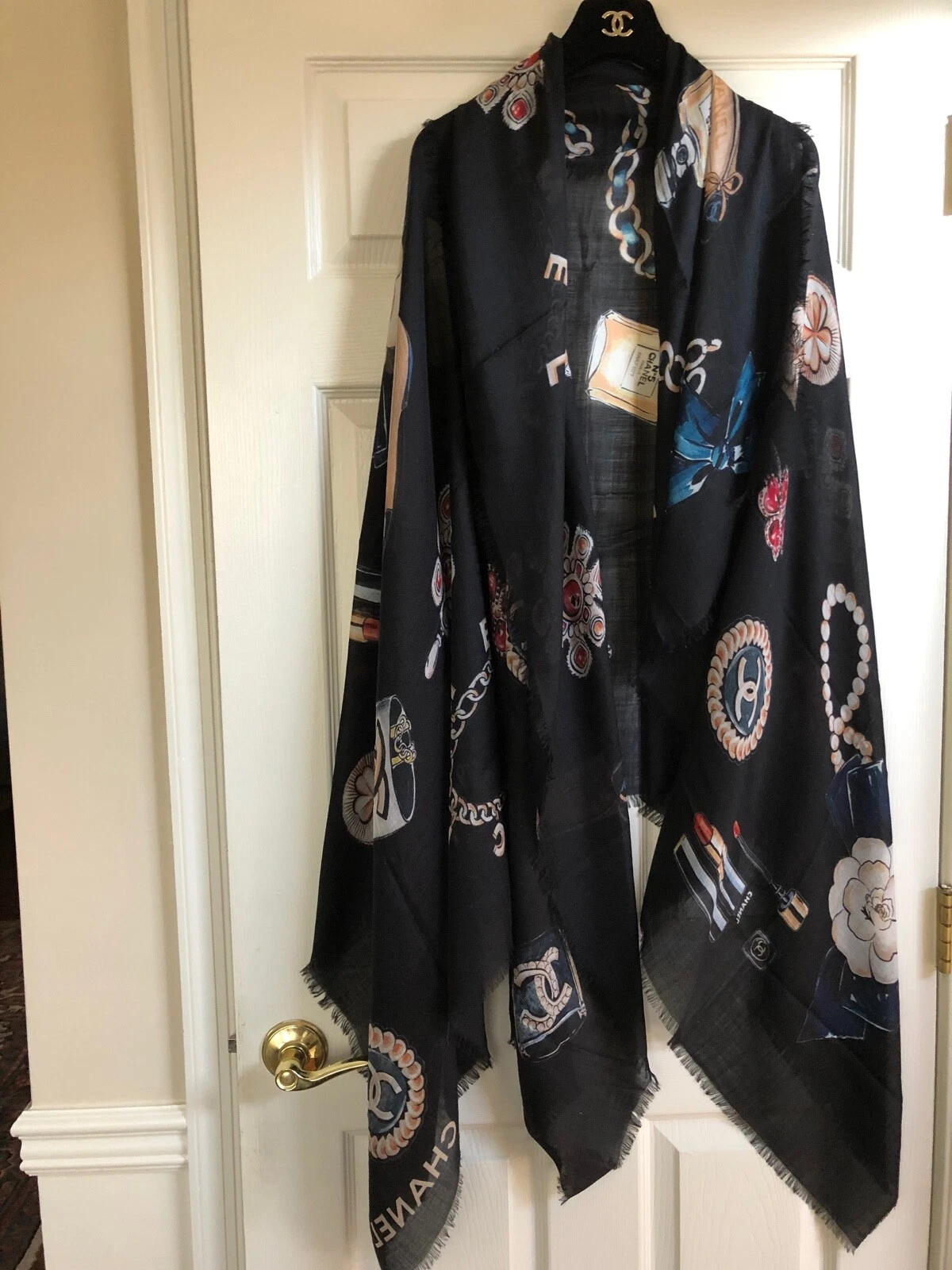 Chanel — Chanel Vintage Cashmere Black Multicolor CC LOGO SYMBOLS STOLE Scarf Wrap XL