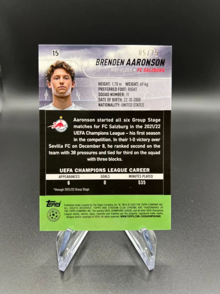 2021-22 Topps Stadium Club Chrome UEFA BRENDEN AARONSON Salzburg -#15  SP 05/75 - Image 2 of 2