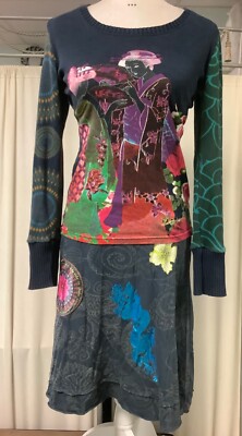 Desigual Multi Print Cotton Crew Neck Sweater Pull On Low Rise Skirt XS
