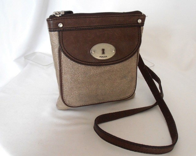 FOSSIL Gold Sparkly Leather Brown Trim Slim Long Crossbody Credit Card 