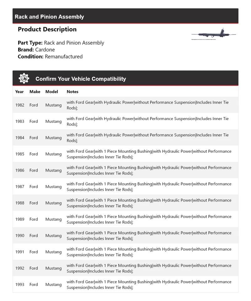 For 1982-1993 Ford Mustang Rack and Pinion Assembly Cardone 1983 1984 1985 1986 - Image 2 of 4