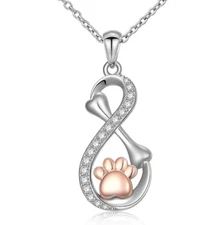 S925 Sterling Silver Paw Print Dog Bone Infinity Pendant Necklace 18" Chain