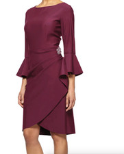 ALEX EVENINGS EMBELLISHED NECK RUCHED HALTER WINE SHEATH DRESS sz 4