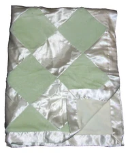 Cocalo Green Cream Diamond Patchwork Satin Trim Minky Baby Blanket  30x40"
