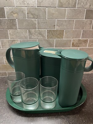 Tupperware Set: Tray, Ice Bucket & Tongs, Two Picture Sizes, 3 Tumblers. Forest