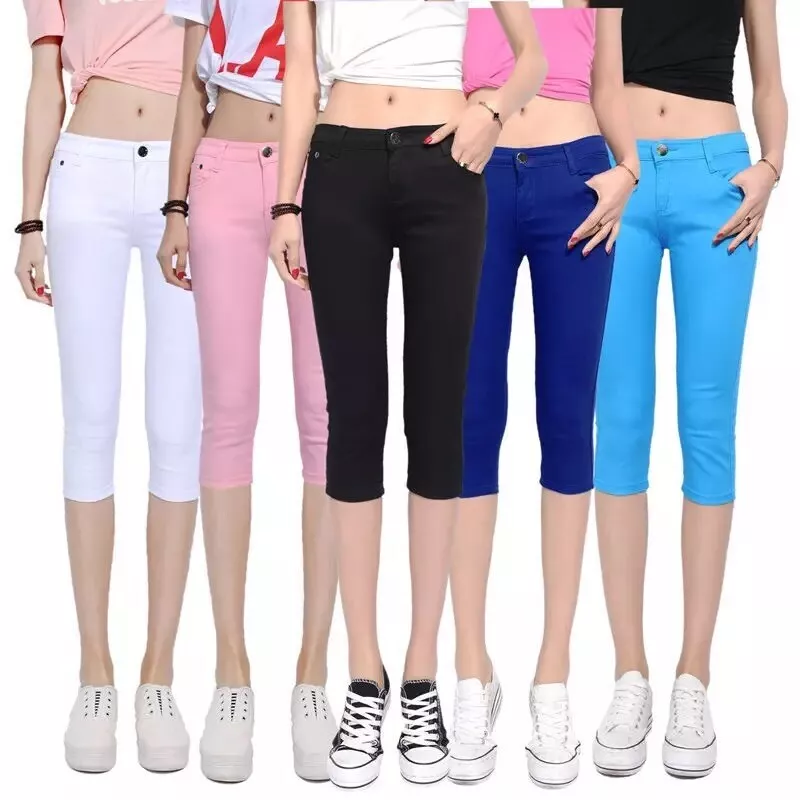 Summer Women Casual Skinny Capri Jeans Trousers Female Stretch Mid Elastic  Calf