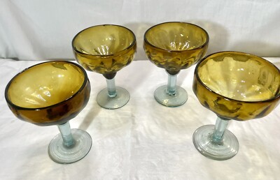 Set Of 4 Hand Blown Large Margarita Glass Amber Brown With Light Green Stem