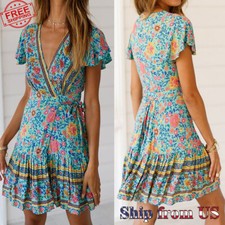 Women's Casual V-Neck Sundress Boho Floral Printed Summer Wrap Beach Mini Dress