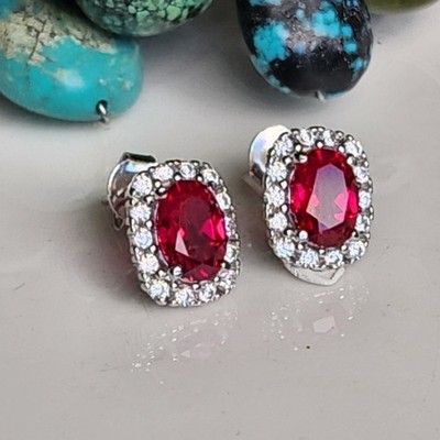 925 Sterling Silver 2CT Oval Ruby+ White Sapphire Earrings 14k White Gold-plated