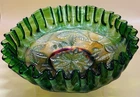 FENTON CARNIVAL GLASS WILD BLACKBERRY GREEN BOWL CANDY  RIBBON EDGE  IRIDESCENT
