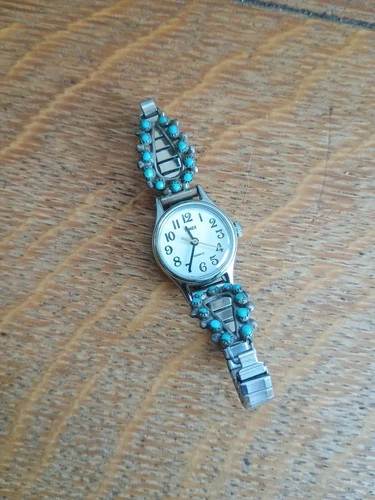 VINTAGE TIMEX WATCH LADIES' MANUAL WIND STERLING SILVER & TURQUOISE BAND