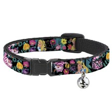 Cat Collar Breakaway with Bell Alice/Cheshire Cat/Flowers Poses Black/Multi Colo