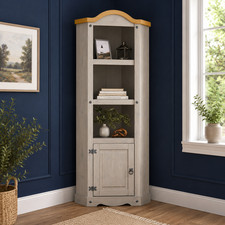 Corona Corner Bookcase Grey Display Unit 1 Door Mexican Pine Wax Distressed