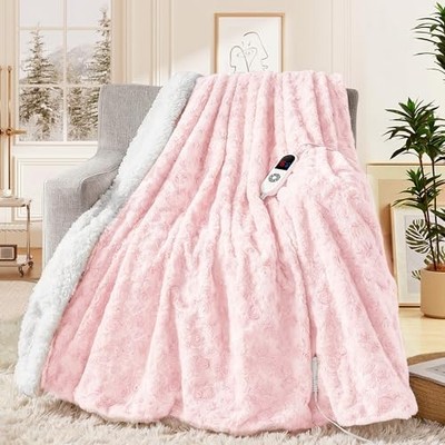  Heated Blanket Electric Throw 50''x60'' Faux Rabbit Fur Throw-50'' x 60'' Pink