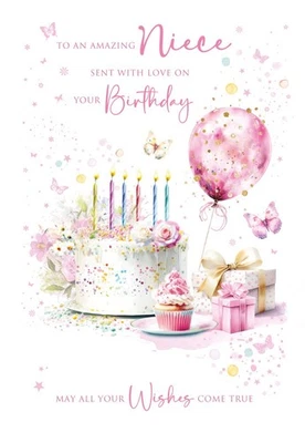 Niece Happy Birthday Card. Cherry Orchard. Cake balloon modern pretty