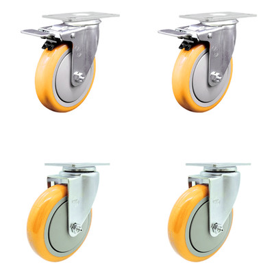5 Inch Yellow Polyurethane Wheel Swivel Top Plate Caster Set 2 Total Lock Brakes