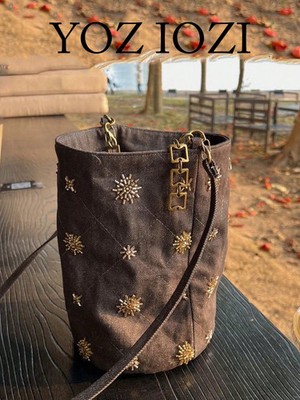 Niche Design Studded Embroidery Bucket Bag, Summer Denim Effect Shoulder Bag,