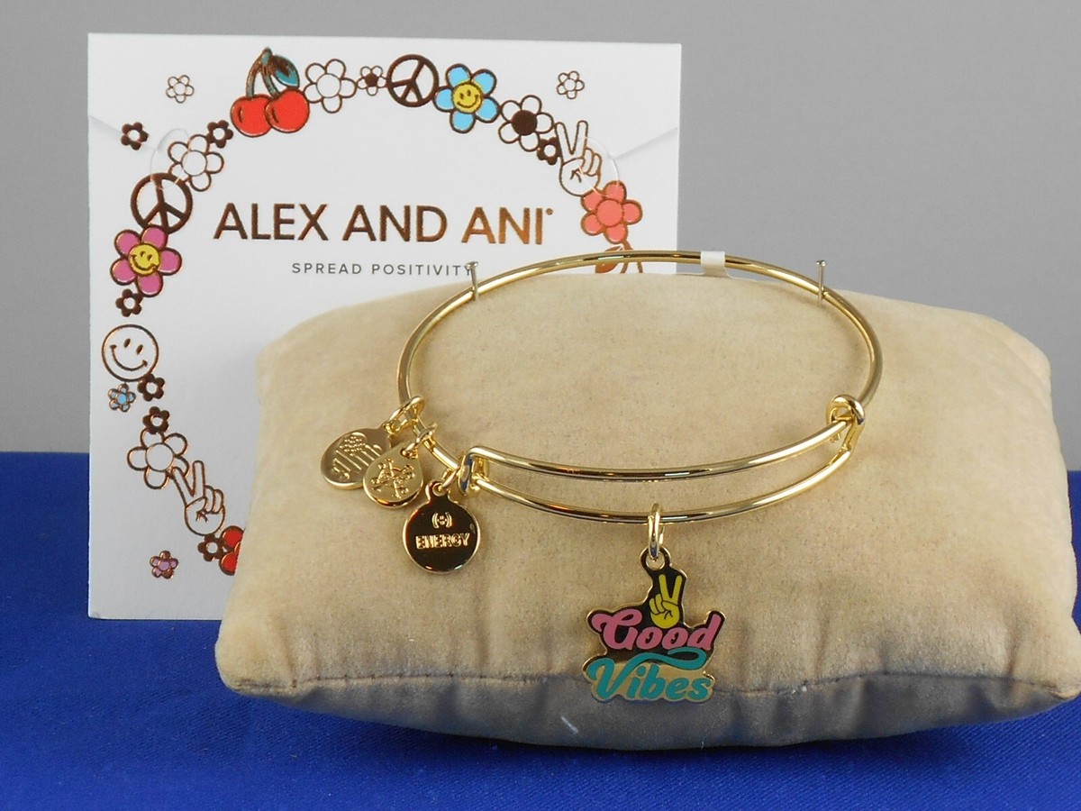 Alex and Ani Shiny Goldtone GOOD VIBES Peace Sign Expandable Wire