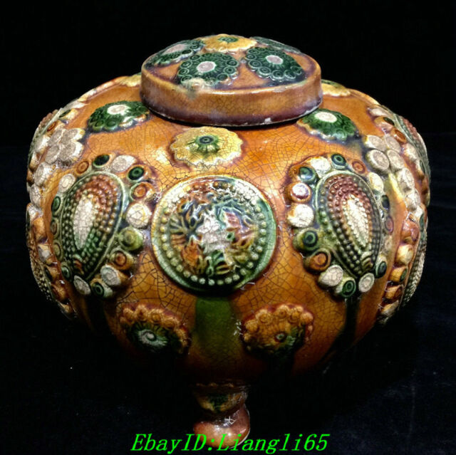 7" Old Tang Dynasty Sancai Pottery Porcelain Palace 3 Beine Tank Crock Pot Jar