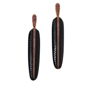 Authentic Rarities Sterling Silver Gold Plated Carved Black Onyx Feather Drop Earrings