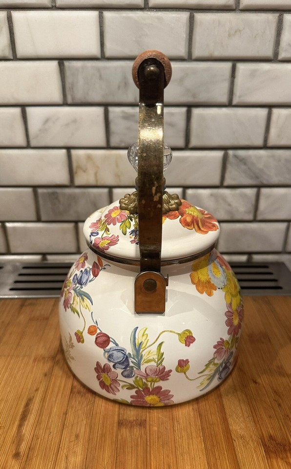 MACKENZIECHILDS White Flower Market 2 Qt Enamel Kettle Tea Pot eBay