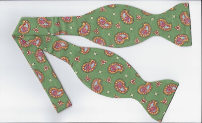 Vintage Green Bow tie, Tiny Pink Flowers inside Yellow Paisley, Self-tie Bow tie