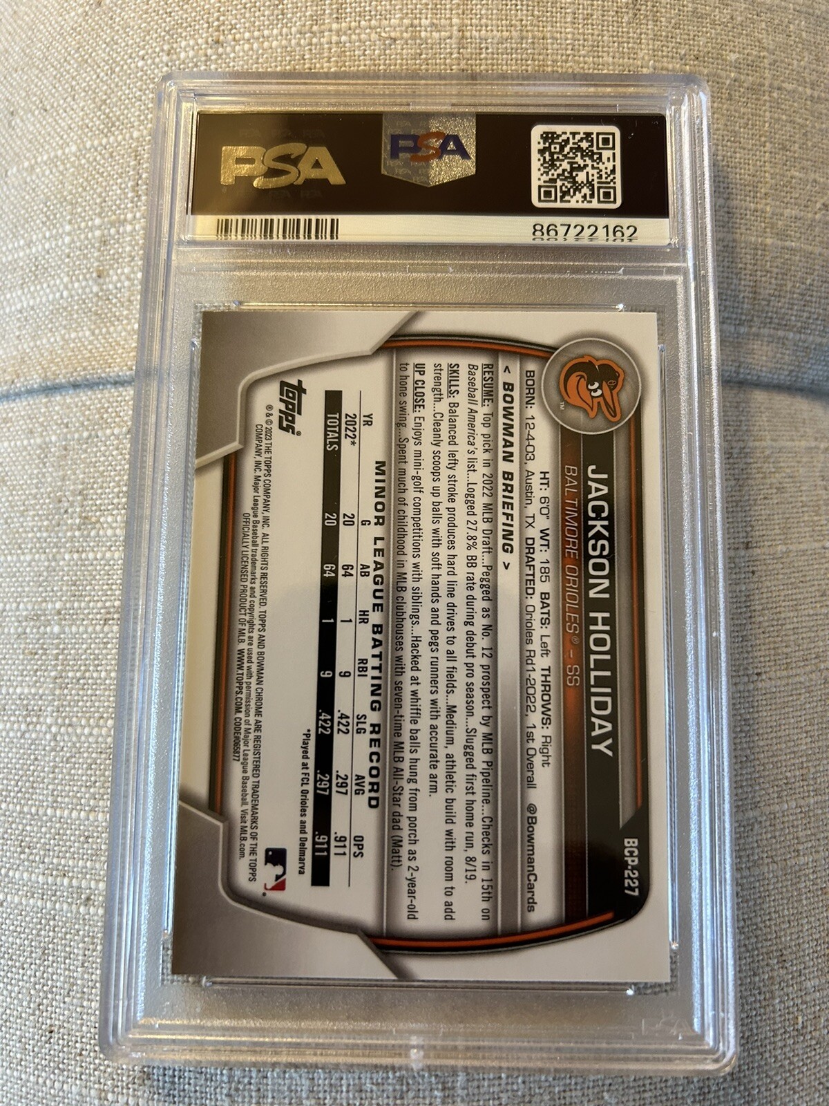 2023 Bowman Chrome #BCP227 Jackson Holliday PSA 9 Prospects view 2