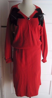 Mort Knit Wrap Blouson Sweater Dress Leaf Applique Womens M Silk Angora  Vtg