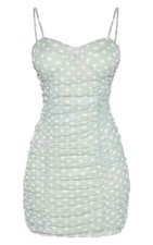 PRETTYLITTLETHING Polka Dot Mesh Ruched Bodycon Short Dress Sage Green UK 6
