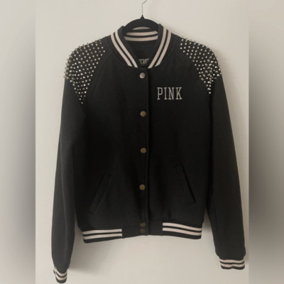 New! Victorias Secret Pink STUDDED Bomber Varsity Jacket